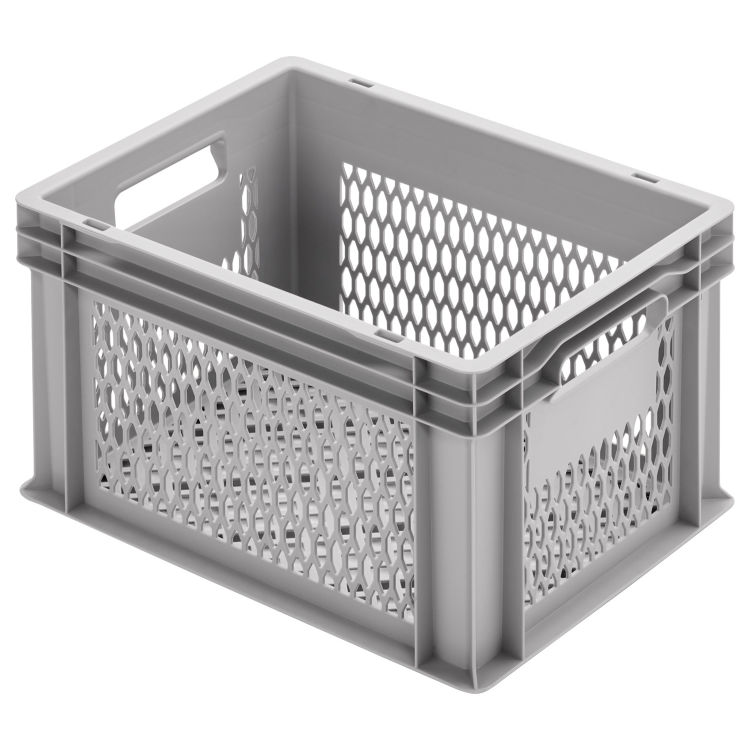 Stacking container perforated base and sides