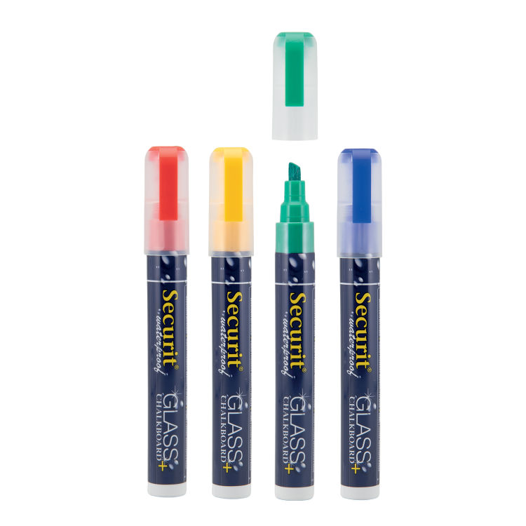 4er-Set Flüssigkreidestifte Waterproof - Gelb, Grün, Rot, Blau - Keilspitze 2-6mm
