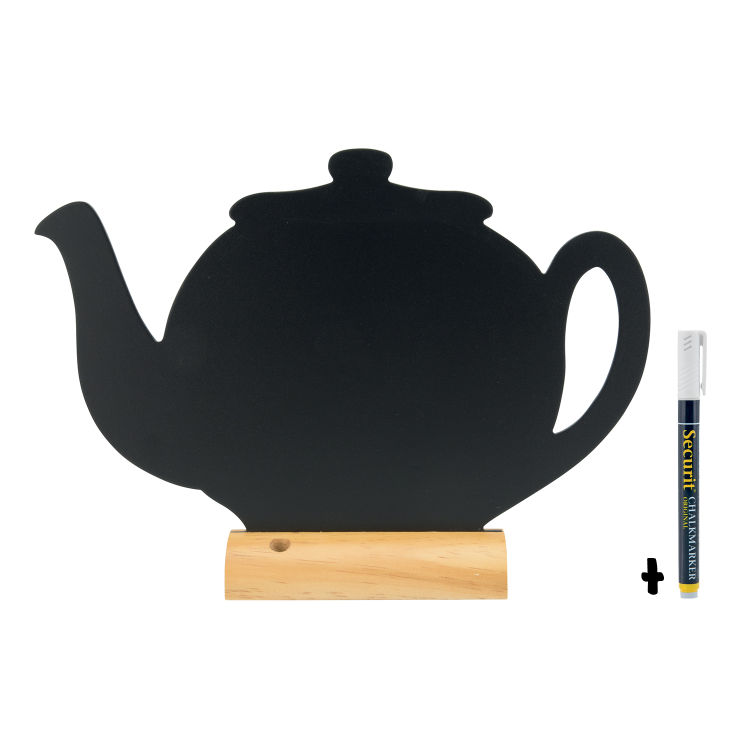 Tischtafel - Teekannen-Silhouette - Holzsockel - Kreidestift inklusive