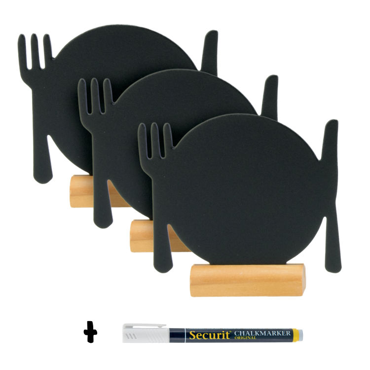 3er-Set Mini-Tischtafeln - Teller-Silhouette - Holzsockel - Kreidestift inklusive
