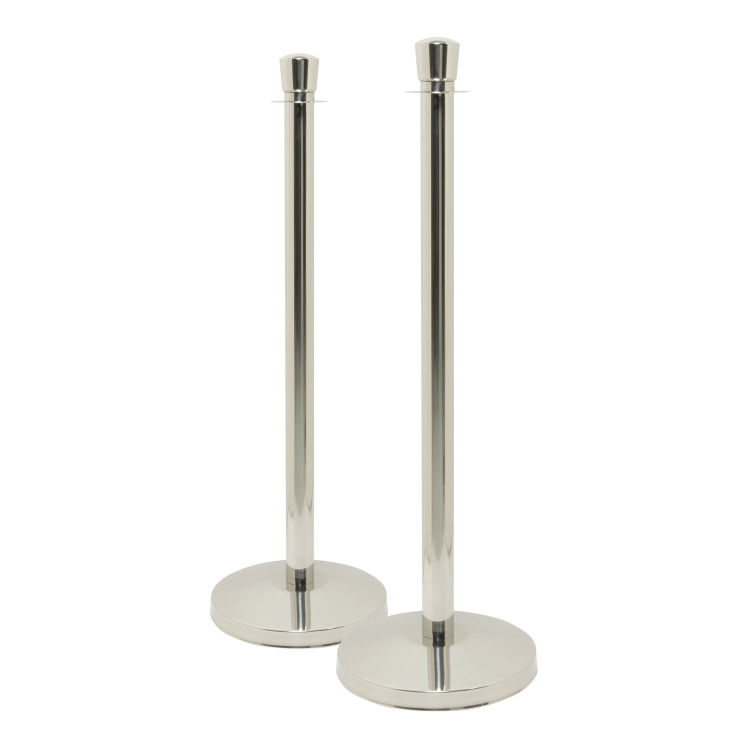 Set aus 2 Absperrpfosten 'Classic' - Chrom - Flacher Kopf - Komplettset Fuß + Sockel - 100cm