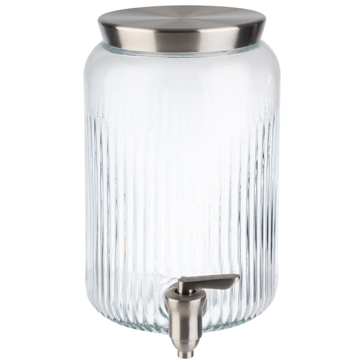 Getränkespender Ø 16 cm, H: 25 cm, 3,8 Liter Glas, Edelstahl mit Deckel und Zapfhahn