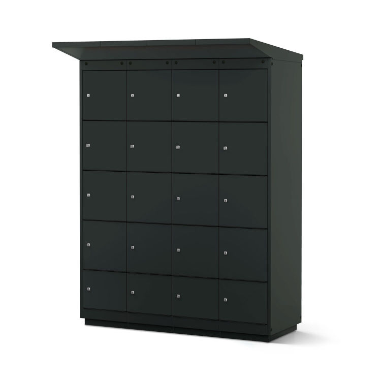 E-Bike-Ladestation anthrazitgrauer Korpus mit 16 Fächern mit Münzpfandschloss