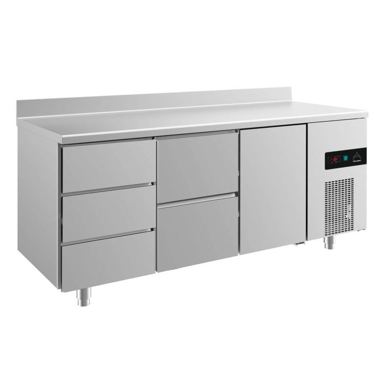 Kühltisch -2 bis +8°C 1865x700x850mm mit 1x Tür rechts, 1x zwei Schubladen mitte und 1x drei Schubladen links u. Aufkantung