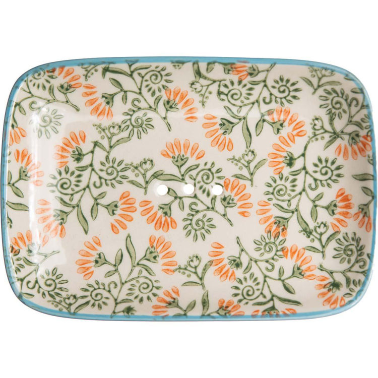 Seifenschale 'FLORAL' weiß/grün/orange, aus Steinzeug, rechteckig