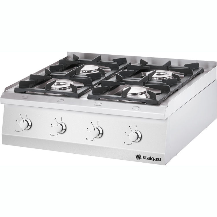 Stalgast Table de cuisson à gaz en inox avec 4 brûleurs (2x5 + 2x7) comme appareil de table, série 700ND