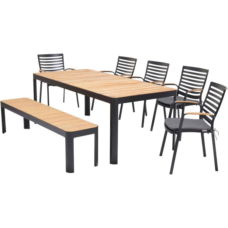 Gartenmöbel-Set 'Portals' 5 Stühle, 1 Bank 182, 1 Tisch 209 x 95, schwarz