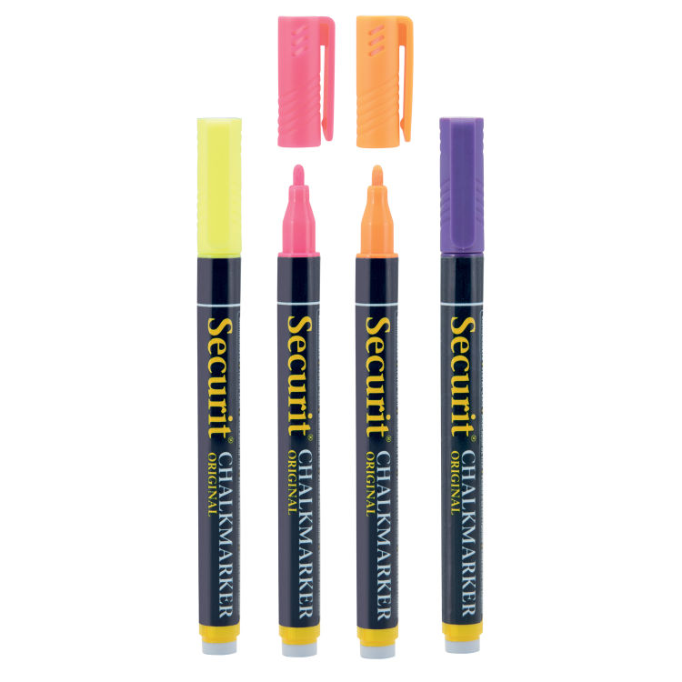 4er-Set Flüssigkreidemarker – Gelb, Pink, Orange, Violett – Rundspitze 1-2mm