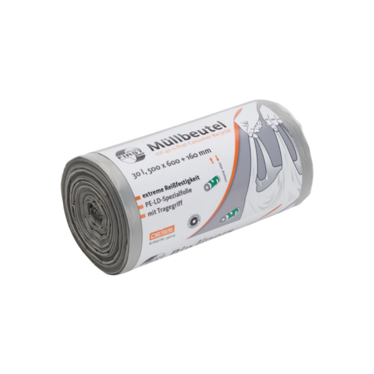 FIRST PLUS pcr - KLIMANEUTRAL Müllbeutel mit Tragegriff aus LDPE mit 40% PCR, 30 l - grau