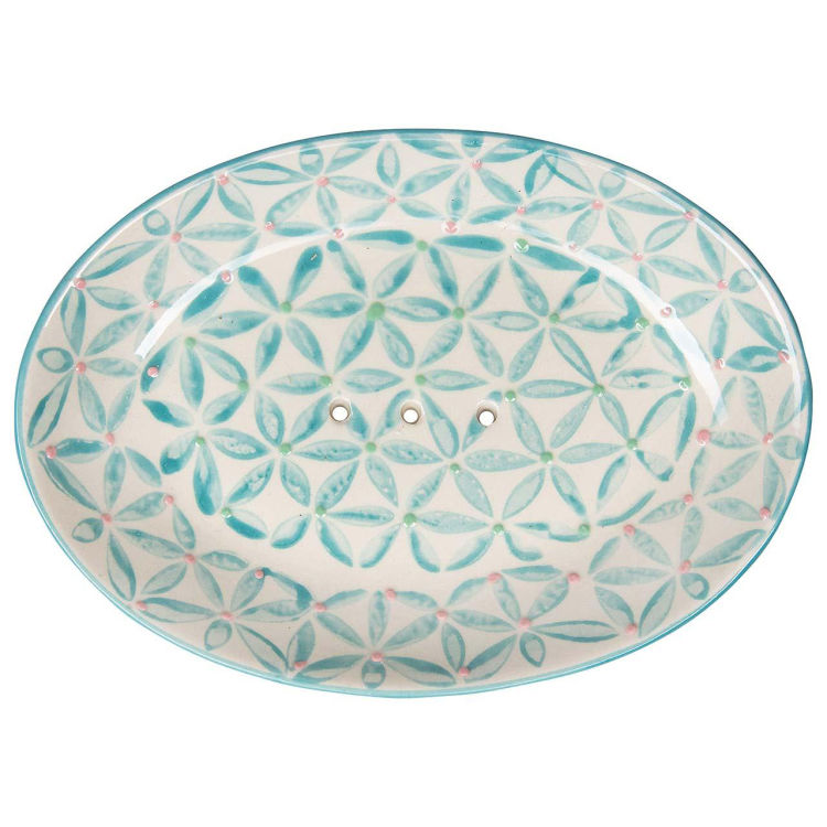 Seifenschale 'RETRO' weiß-blau aus Steinzeug, oval