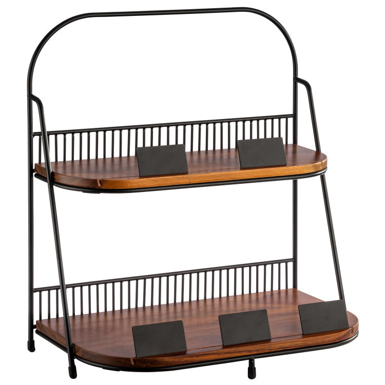 2-stufige Etagère 35,5 x 21 cm, H: 40 cm Set bestehend aus: - 1x Gestell, Metall, schwarz mit Antrutsch-Füßchen - 2 Bretter aus Akazienholz: