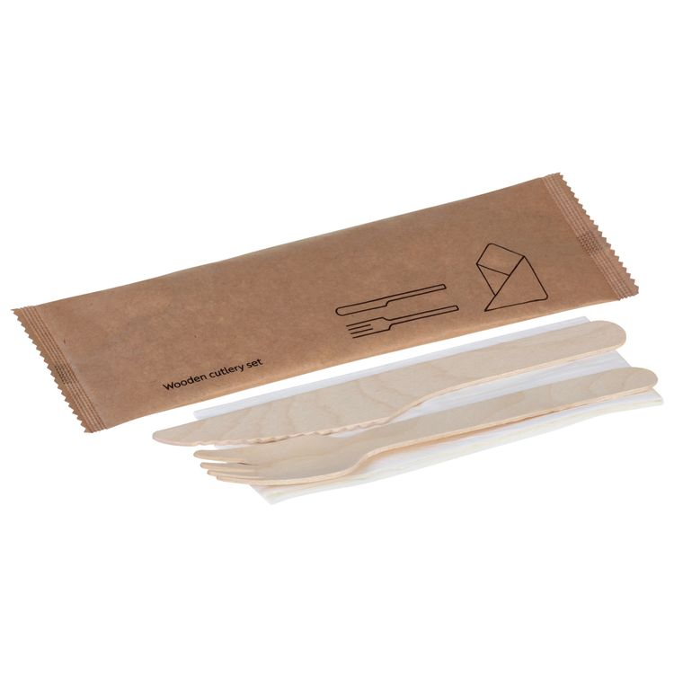 Besteckset Holz, 3-teilig - Gabel, Messer, Serviette