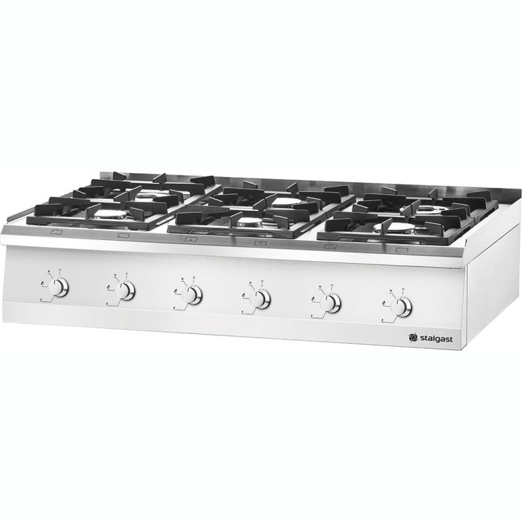 Stalgast Table de cuisson à gaz en inox avec 6 brûleurs (3,5 + 2x5 + 2x7 + 9) comme appareil de table, série 700ND