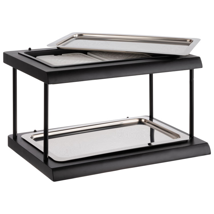 Buffetvitrine -DOPPELDECKER- 60 x 41 cm, H: 36 cm Set bestehend aus: - 2x Box aus Buchenholz , schwarz mit Kunststoffwanne (PC)