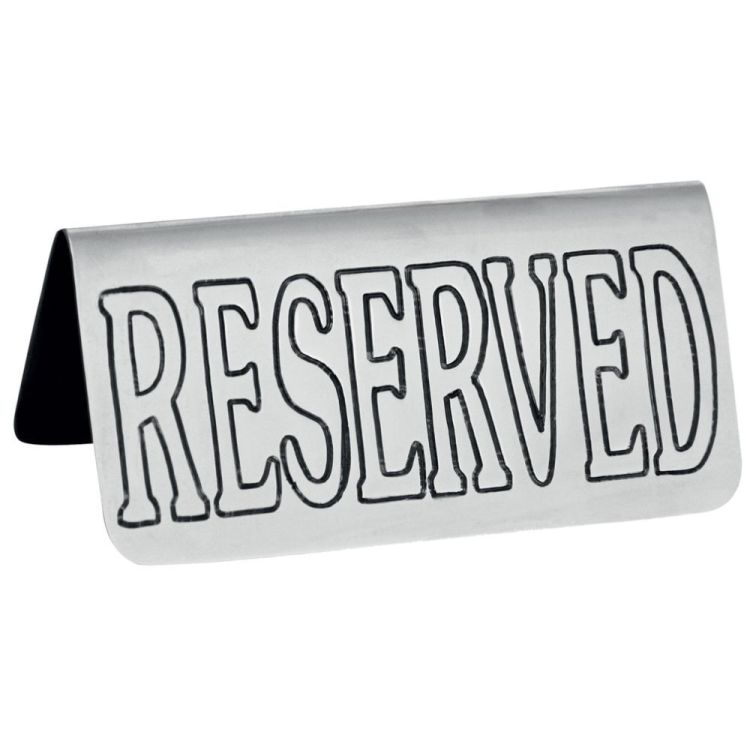 Set aus 6 Tischstaffeleien „RESERVED“ aus rostfreiem Stahl.