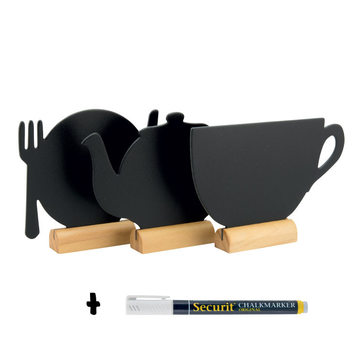3er-Set Mini-Tischtafeln - Silhouette Tasse / Teekanne / Teller - Holzsockel - Kreidemarker inklusive