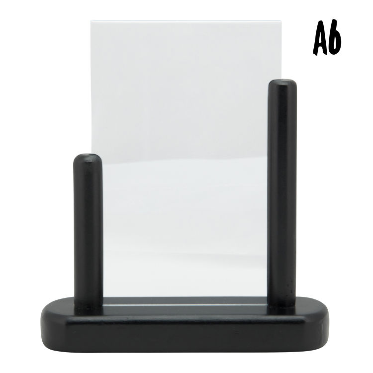 Transparenter Plakathalter A6 – Vertikal – Acryl – Holzsockel Buche schwarz lackiert – Doppelseitig
