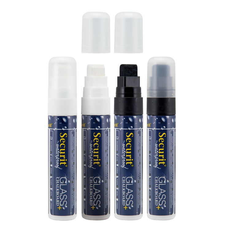 4er-Set Flüssigkreidemarker Waterproof - Weiß, Schwarz - Rechteckige Spitze 7-15mm