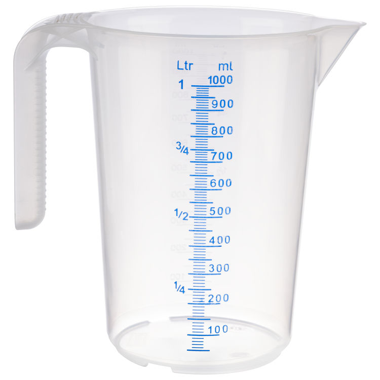 Messbecher -STACKABLE- Ø 12 cm, H: 16,5 cm, 1 Liter Polypropylen mit offenem Griff geprägte Maßskalierung außen Liter- / Milliliter-Einteilung