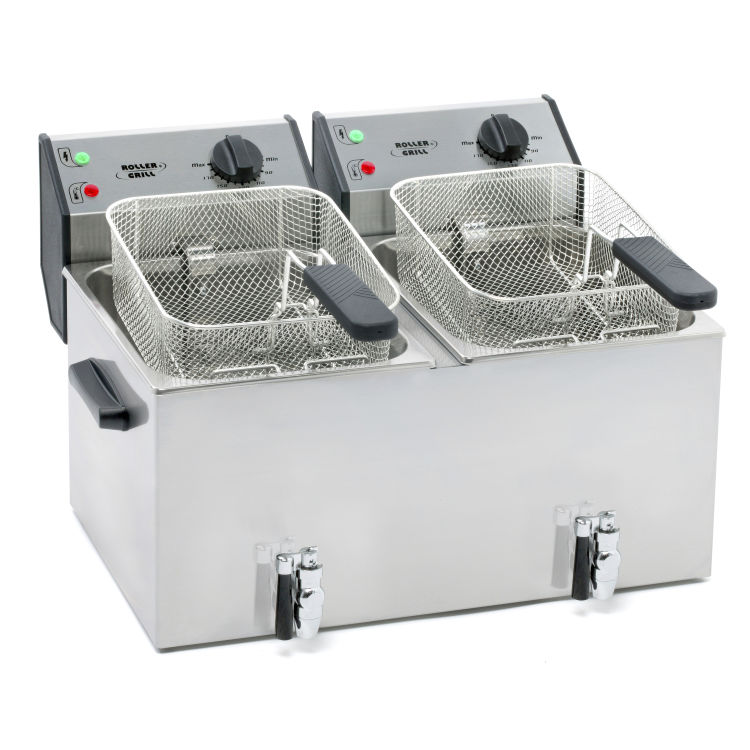 ROLLER GRILL Fritteuse mit zwei Becken, mit Ablasshahn, 2 x 8 Liter, Abmessung 590 x 450 x 370 mm (BxTxH)