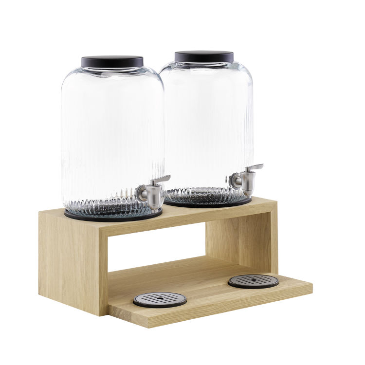 2er Getränkespender -VALO- 43,5 x 21 cm, H: 46,5 cm Behälter aus Glas, je 7 Liter Zapfhahn aus Edelstahl Basis aus Eichenholz (wasserfest lackiert)