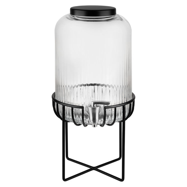 Getränkespender -URBAN- Ø 22 cm, H, 45 cm Behälter aus Glas Zapfhahn aus Edelstahl Gestell aus Metall, schwarz Deckel aus Edelstahl, schwarz