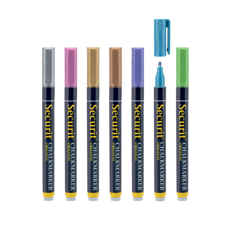 7er-Set Flüssigkreidemarker – Grün, Blau, Violett, Pink, Bronze, Gold, Silber – Rundspitze 1-2mm