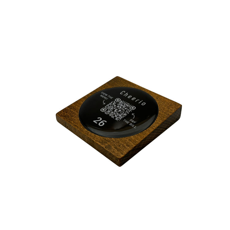 Tischaufsteller liegend schräg mit QR-Code Aufkleber glänzend