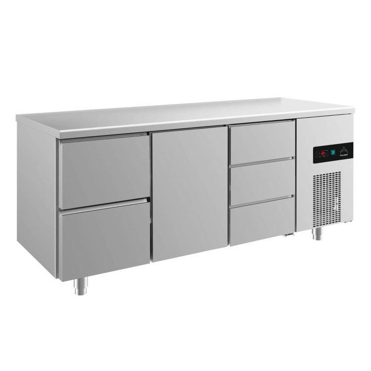 Kühltisch -2 bis +8°C 1865x700x850mm mit 1x Tür mitte, 1x zwei Schubladen links und 1x drei Schubladen rechts