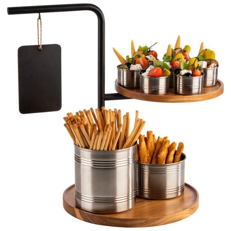 2-stufige Etagère -IRON- 47 x 30 cm, H: 44 cm Set bestehend aus: - 1 Gestell, Metall, schwarz mit Antrutsch-Füßchen - 2 Bretter aus Akazienholz: