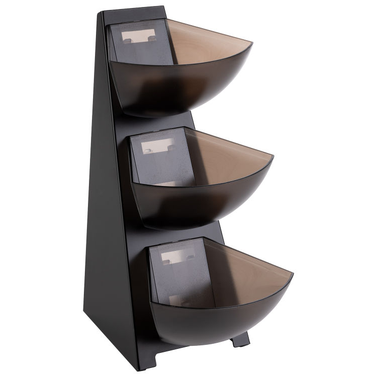 Multi-Rack, 3-stufig 19 x 24 cm, H: 41 cm Set bestehend aus: - Gestell, 18/0 Edelstahl, schwarz - 3 Schütten aus ABS, grau