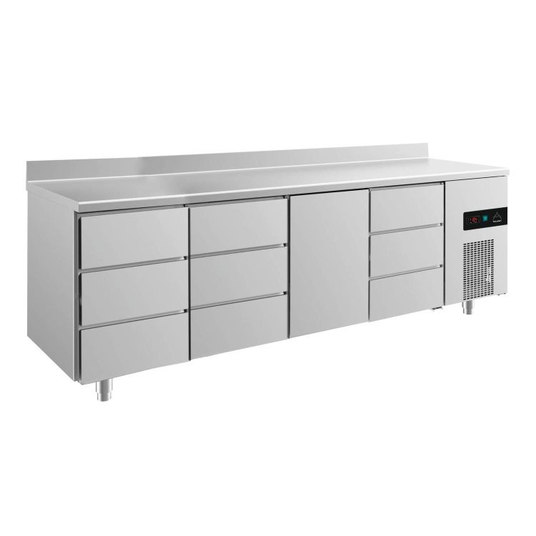 Kühltisch -2 bis +8°C mit 1x Tür mittig und 3x drei Schubladen links/mittig/rechts u. Aufkantung