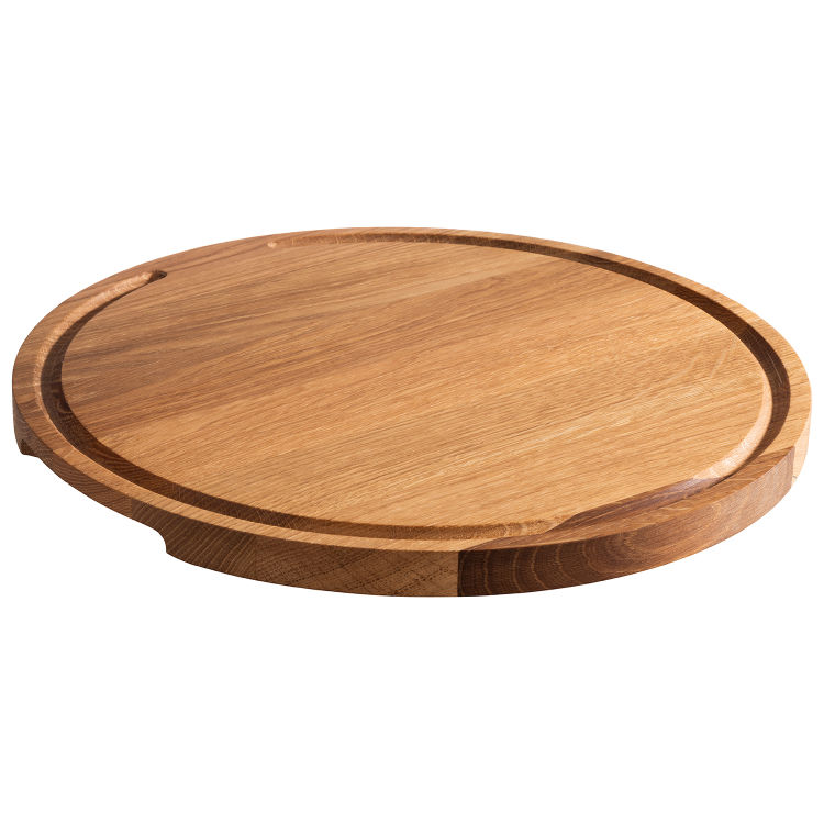 Servierbrett -PIZZA- Ø 34 cm, H: 2 cm Eichenholz, geölt mit Saftrinne mit 2 Griffmulden