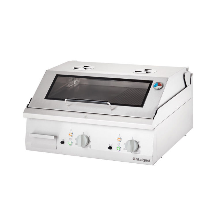 Stalgast Edelstahl Elektro-Griddleplatte als Tischgerät mit Deckel, gerillte und glatte Grillfläche, Serie 700 ND