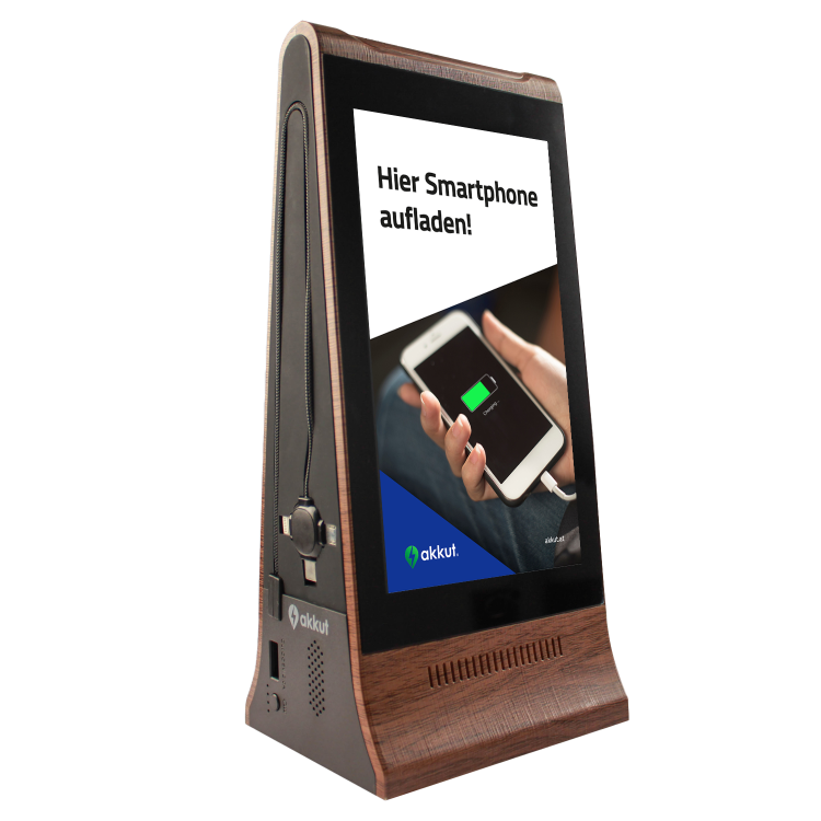 Espositore da tavolo digitale DOUBLESCREEN PEAK con batteria ricaricabile e cavi di ricarica per smartphone