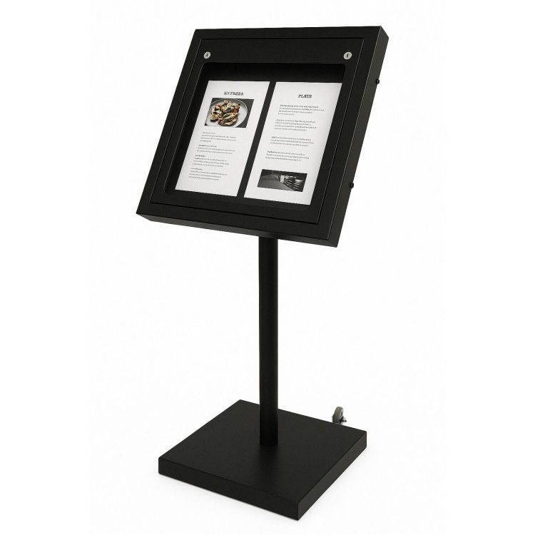 Restaurant-Menühalter auf einem Standfuß mit 2 Seiten und integrierter LED.