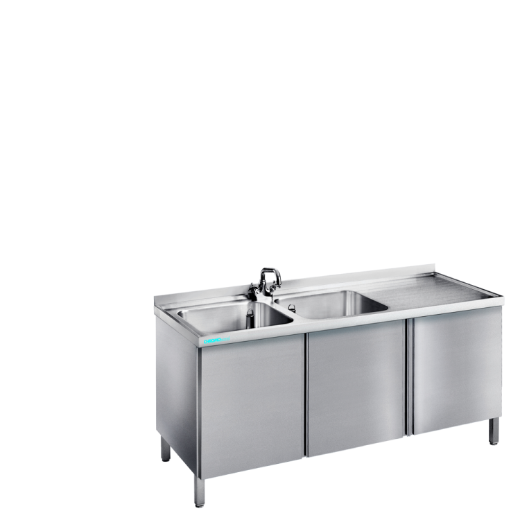 Spültisch mit 2 Becken links und Flügeltüren