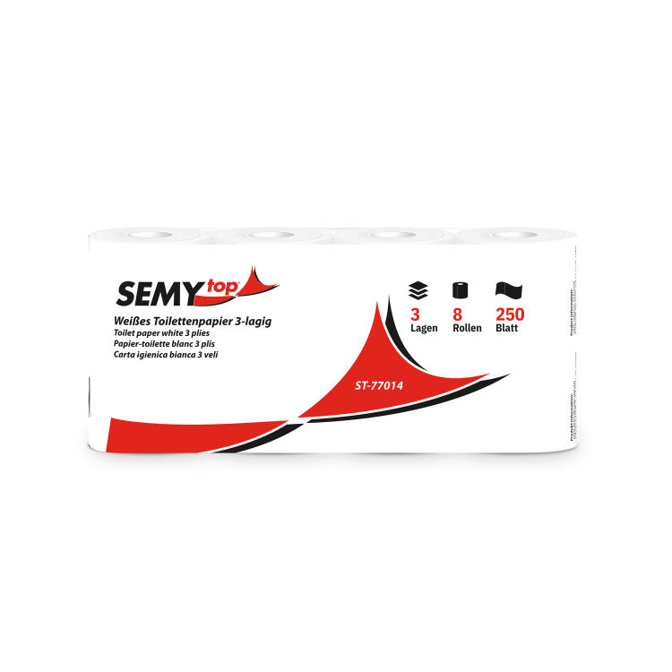 Toilettenpapier SemyTop, 3-lagig mit Prägung, 250 Blatt, Zellstoff weiß, 8 x 8 Rollen