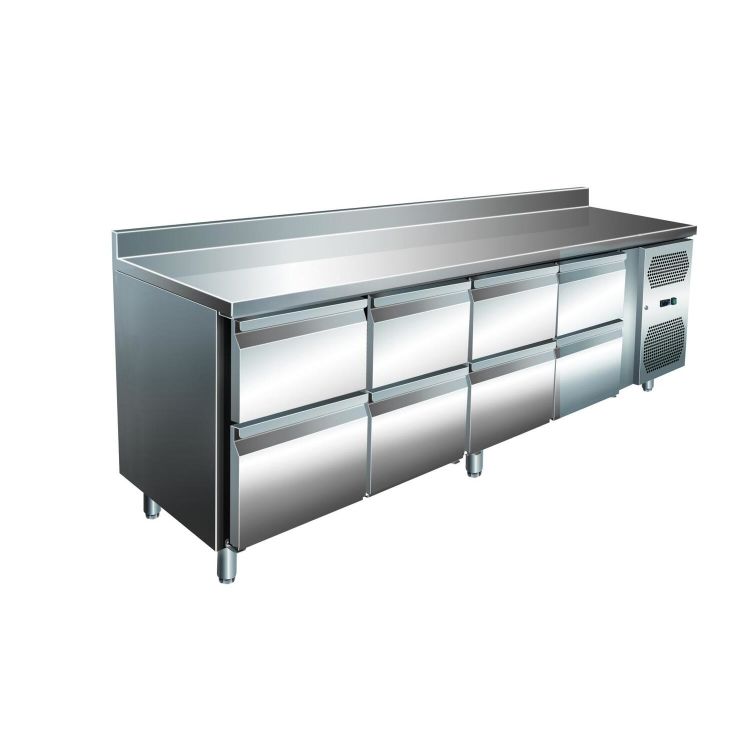 VIP Kühltisch mit 4x 2 Schubladen und Aufkantung -2 bis +8°C 2.230x700x960 mm