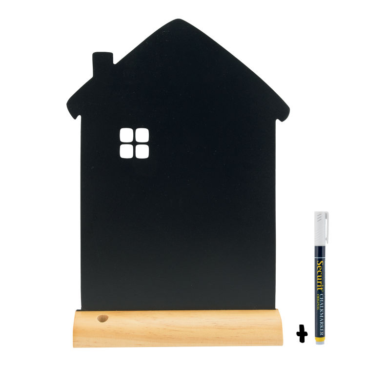 Tischtafeltafel - Haussilhouette - Holzsockel - Kreidestift inklusive
