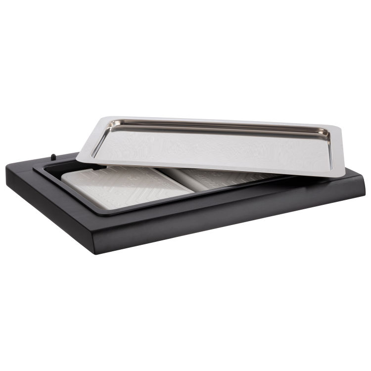 Buffetvitrine -TOP FRESH- 60 x 41 cm, H: 5 cm Set bestehend aus: - Box aus Buchenholz, schwarz mit Kunststoffwanne (PC) - GN 1/1 Tablett aus