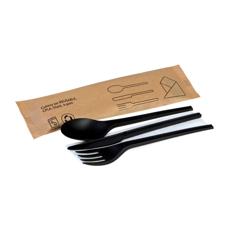 Besteckset REUSABLE CPLA - schwarz,4-teilig: M,G,Löffel,S
