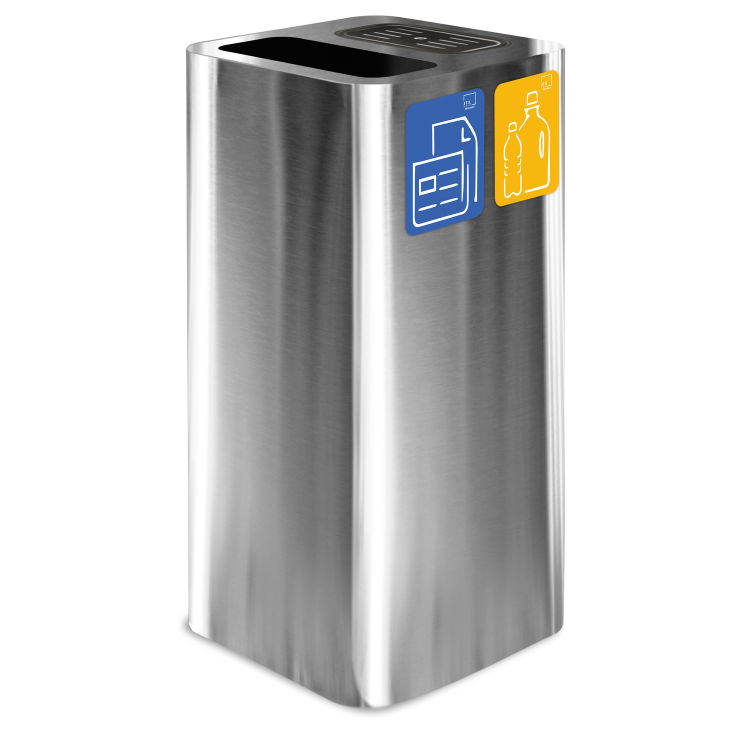 Stil Casa PURE Abfallsammelbehälter mit Aschenbecher, Edelstahl, 38x38xh. 80 cm, inklusive zwei magnetischen Piktogrammen, 100 Liter, satiniert.