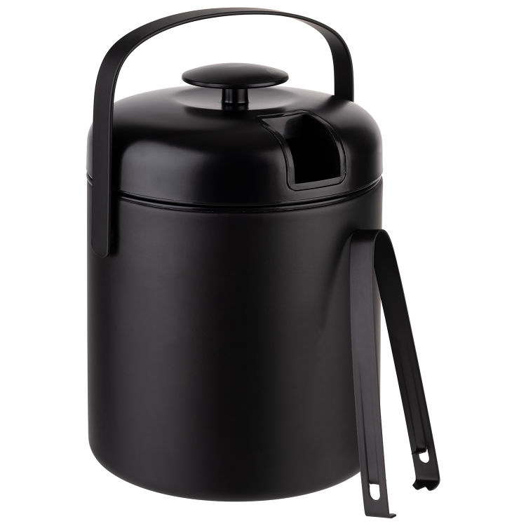 Eiseimer-Set Ø 14 cm, H: 22 cm, 1,3 Liter Edelstahl, PP, ABS, schwarz inkl. Deckel + Eiszange Abtropfgitter + Tragebügel für max. 50 Eiswürfel