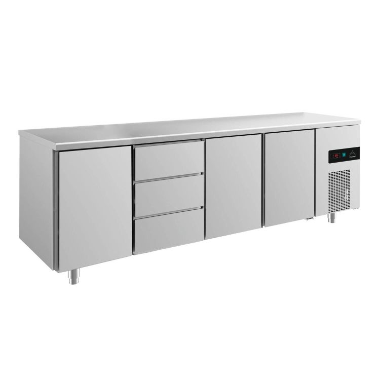 Kühltisch -2 bis +8°C mit 3x Türen links/mittig/rechts und 1x drei Schubladen mittig