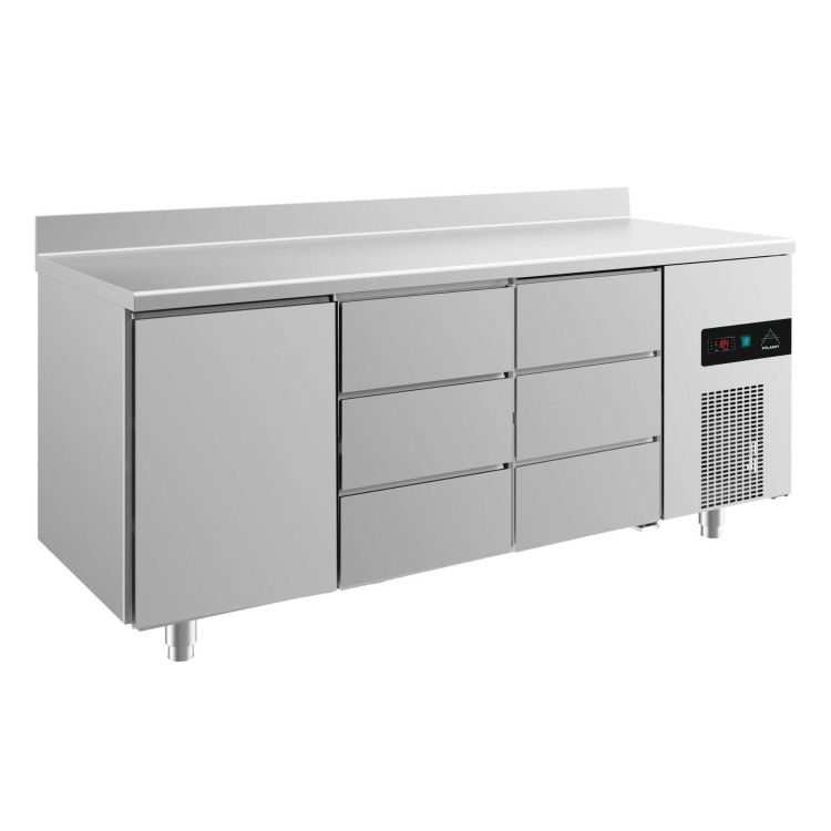 Kühltisch -2 bis +8°C 1865x700x850mm mit 1x Tür links und 2x drei Schubladen mitte/rechts u. Aufkantung