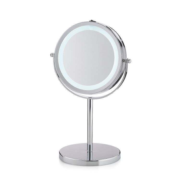 Miroir grossissant sur pied Tio en métal chromé avec éclairage LED