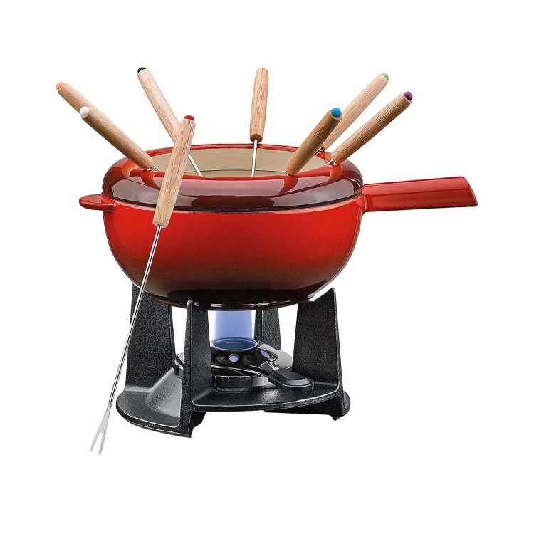 Fondue-Topf aus Gusseisen, emailliert mit 8 Gabeln