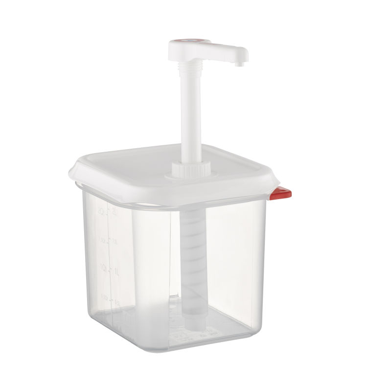 GN 1/6 Dosierspender 17,6 x 16,2 cm, H: 27 cm Polypropylen 2,6 Liter Hubvolumen 30 ml
