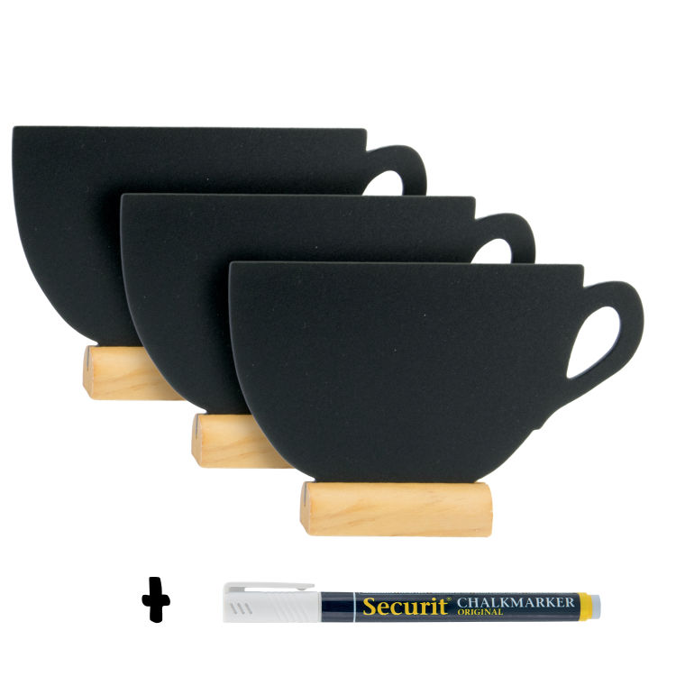 3er-Set Mini-Tischtafeln - Tassen-Silhouette - Holzsockel - Kreidestift inklusive